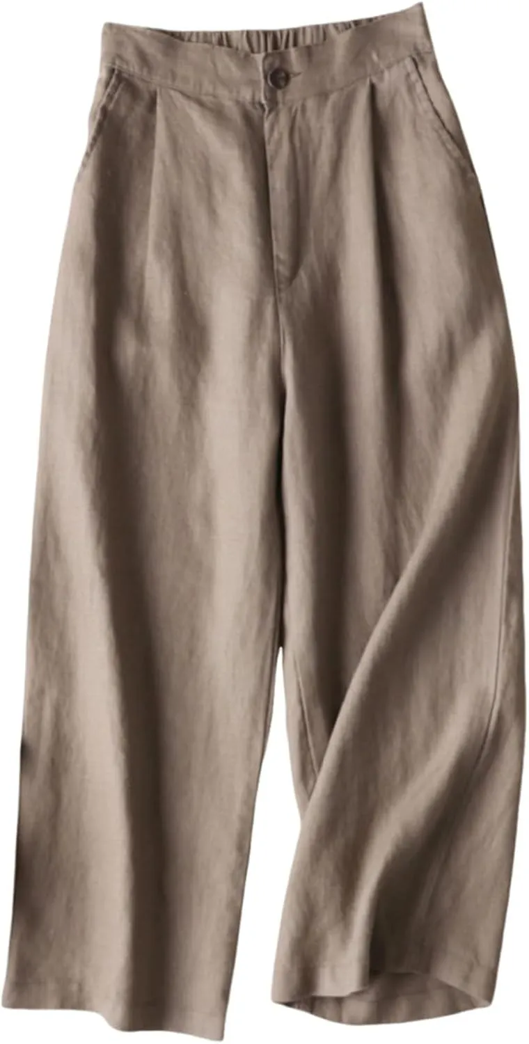 Business Casual Pants for Women Casual High Waist Wide Leg Straight Dressy Cotton Linen Pants Button Trousers