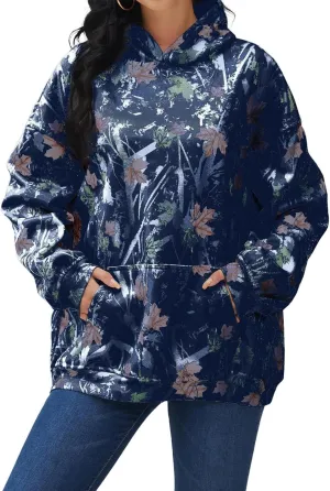 Camo Hoodie Womens Trendy Oversized Hooded Sweatshirt Maple Leaf Print Color Block Pullover Sweatshirts