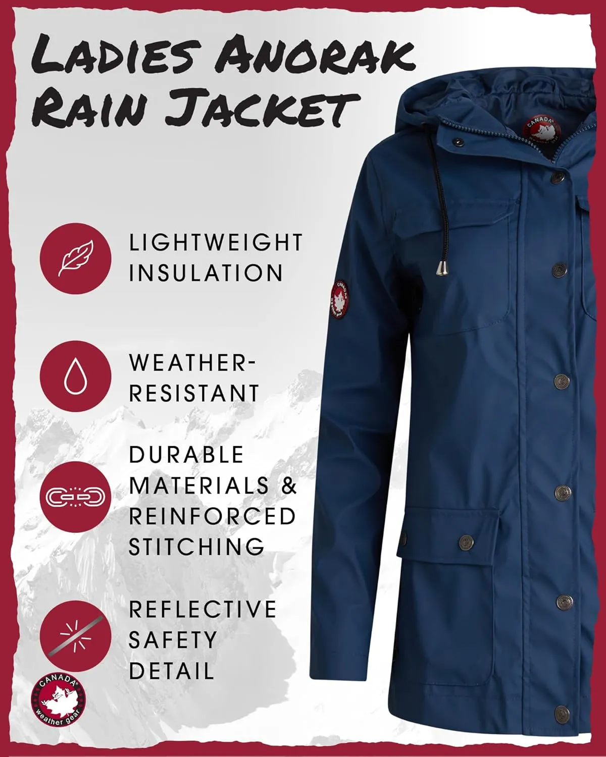 CANADA WEATHER GEAR Womens Rain Jacket - Weather Resistant Lightweight Trench Coat with Adjustable Hood (Sizes: S-XXL)