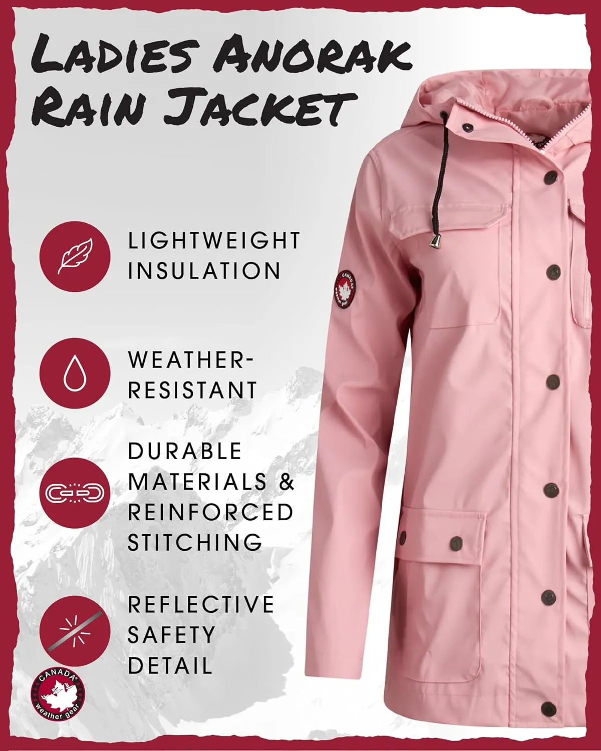 CANADA WEATHER GEAR Womens Rain Jacket - Weather Resistant Lightweight Trench Coat with Adjustable Hood (Sizes: S-XXL)