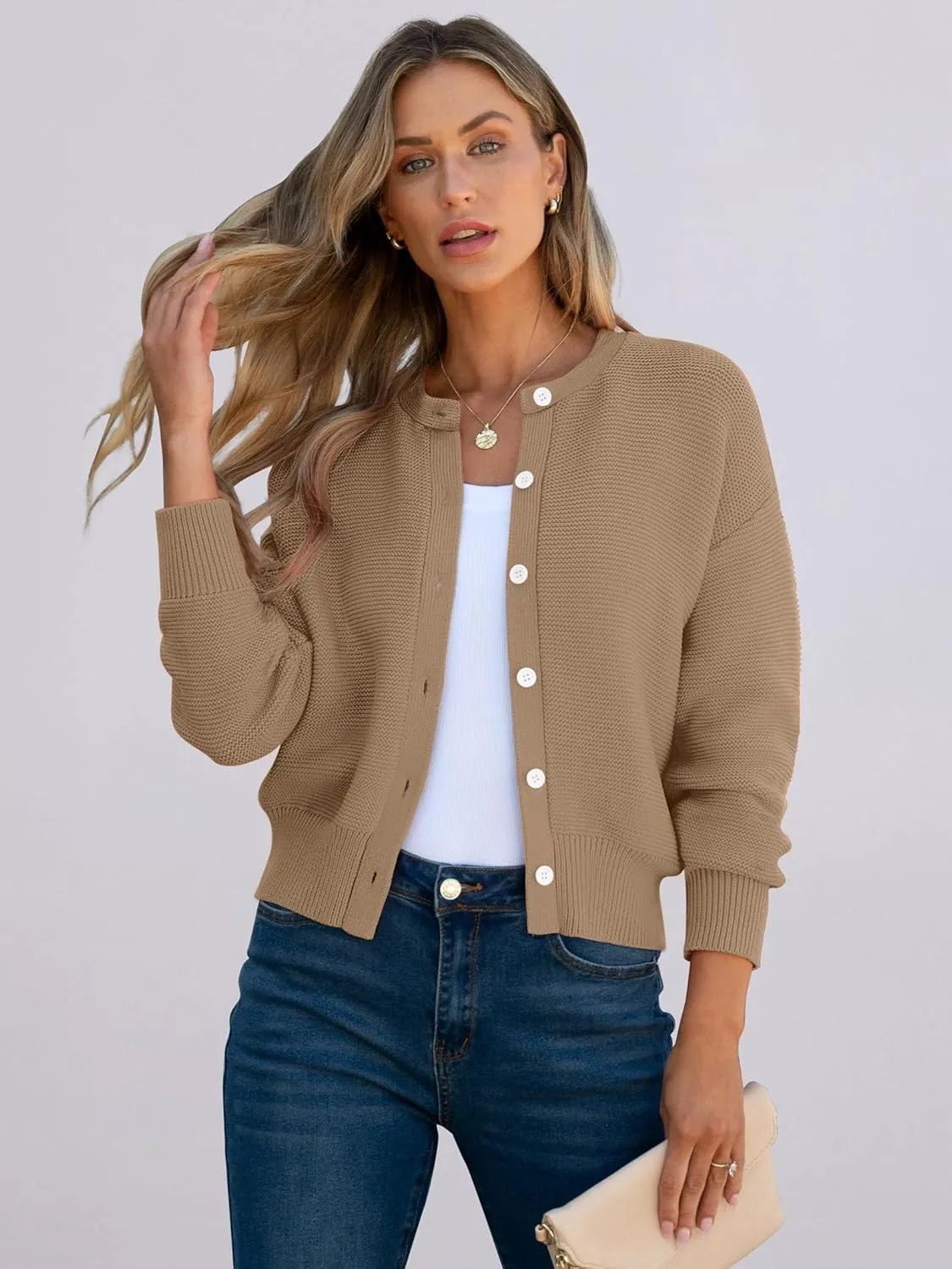 Caracilia Cardigan Sweaters for Women Cropped Open Front Tweed Knit Button Down Dressy Casual Jacket 2025 Spring Outwear