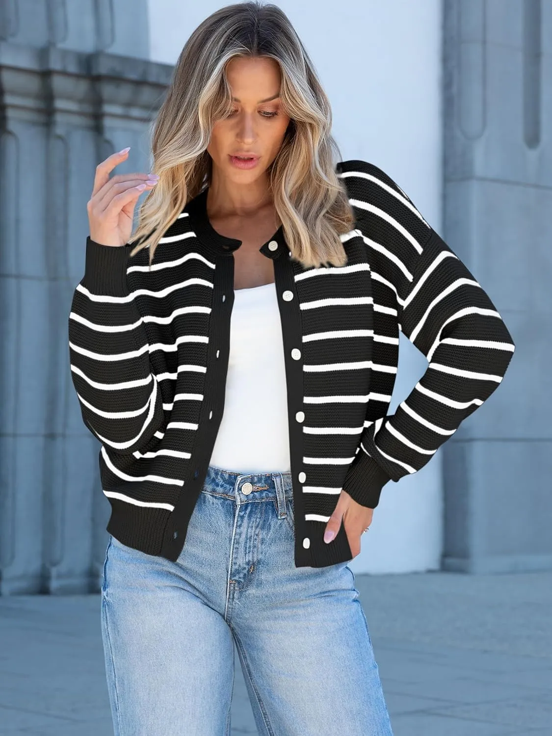 Caracilia Cardigan Sweaters for Women Cropped Open Front Tweed Knit Button Down Dressy Casual Jacket 2025 Spring Outwear