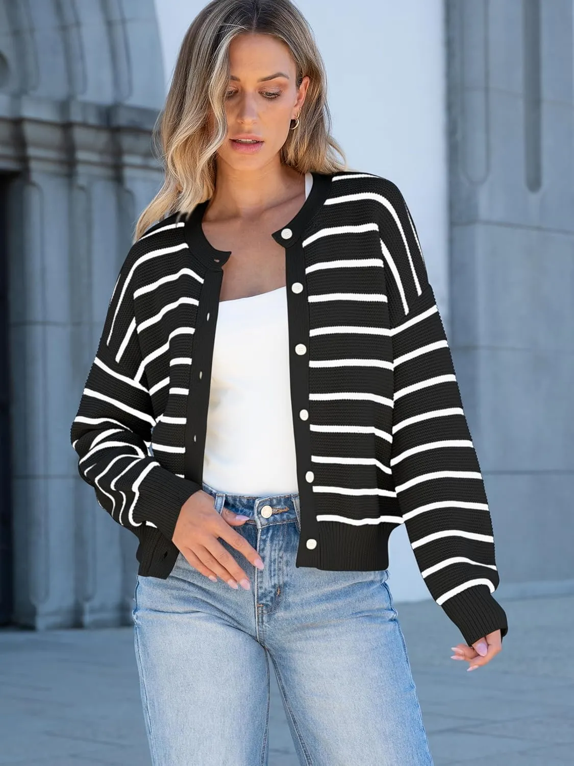 Caracilia Cardigan Sweaters for Women Cropped Open Front Tweed Knit Button Down Dressy Casual Jacket 2025 Spring Outwear
