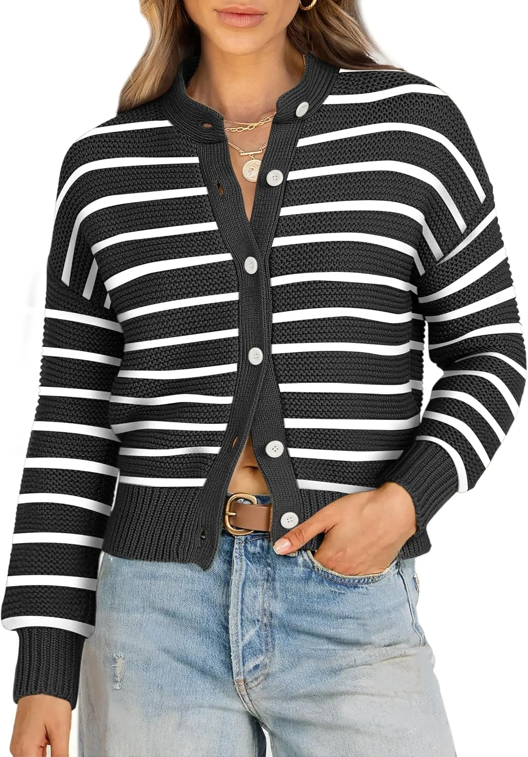 Caracilia Cardigan Sweaters for Women Cropped Open Front Tweed Knit Button Down Dressy Casual Jacket 2025 Spring Outwear