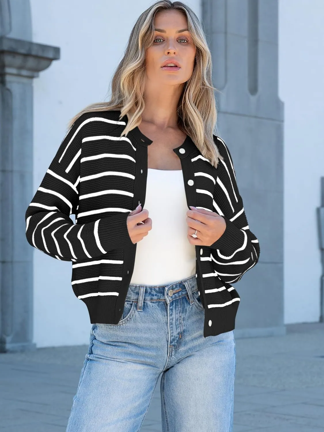 Caracilia Cardigan Sweaters for Women Cropped Open Front Tweed Knit Button Down Dressy Casual Jacket 2025 Spring Outwear