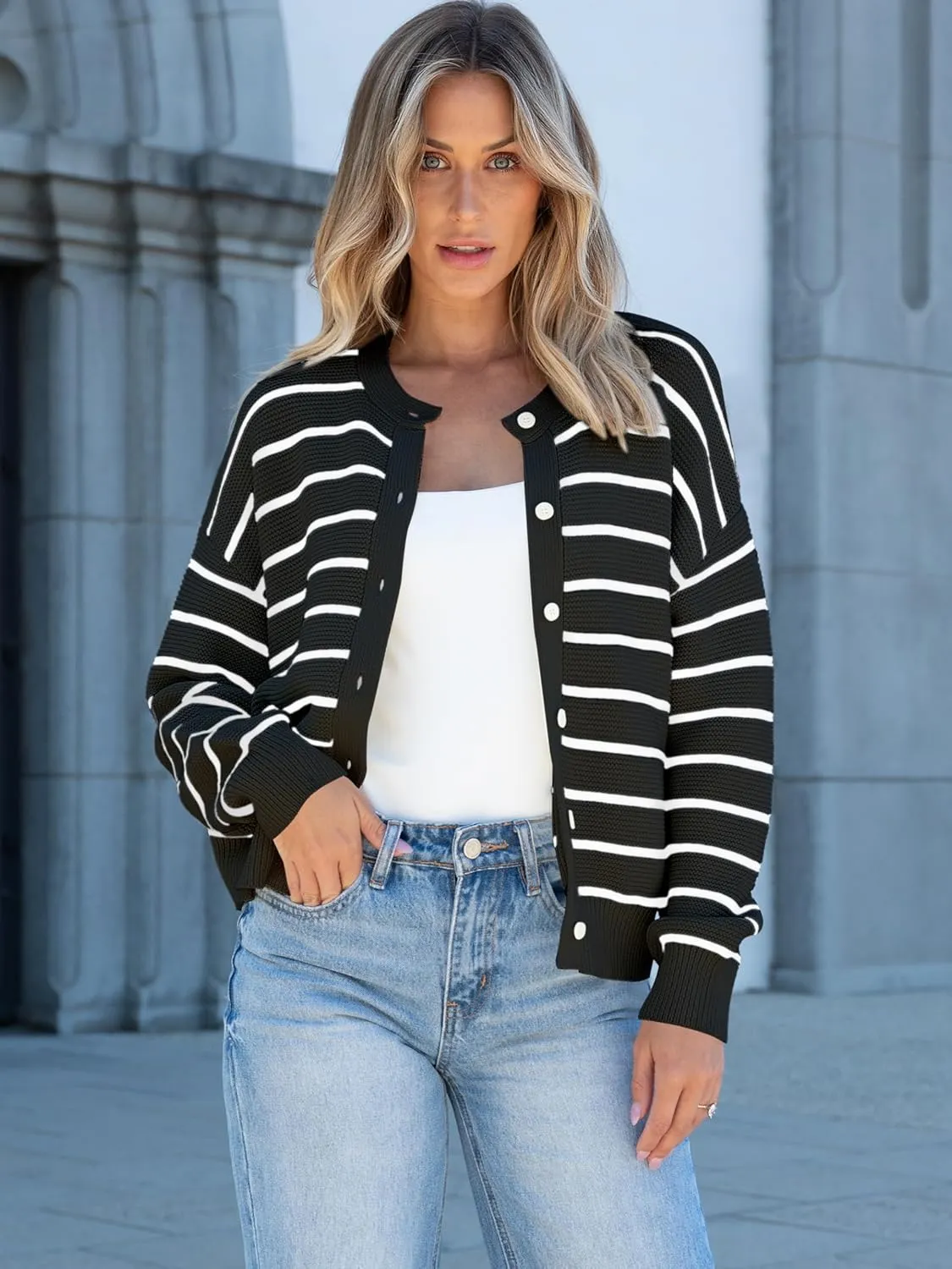 Caracilia Cardigan Sweaters for Women Cropped Open Front Tweed Knit Button Down Dressy Casual Jacket 2025 Spring Outwear