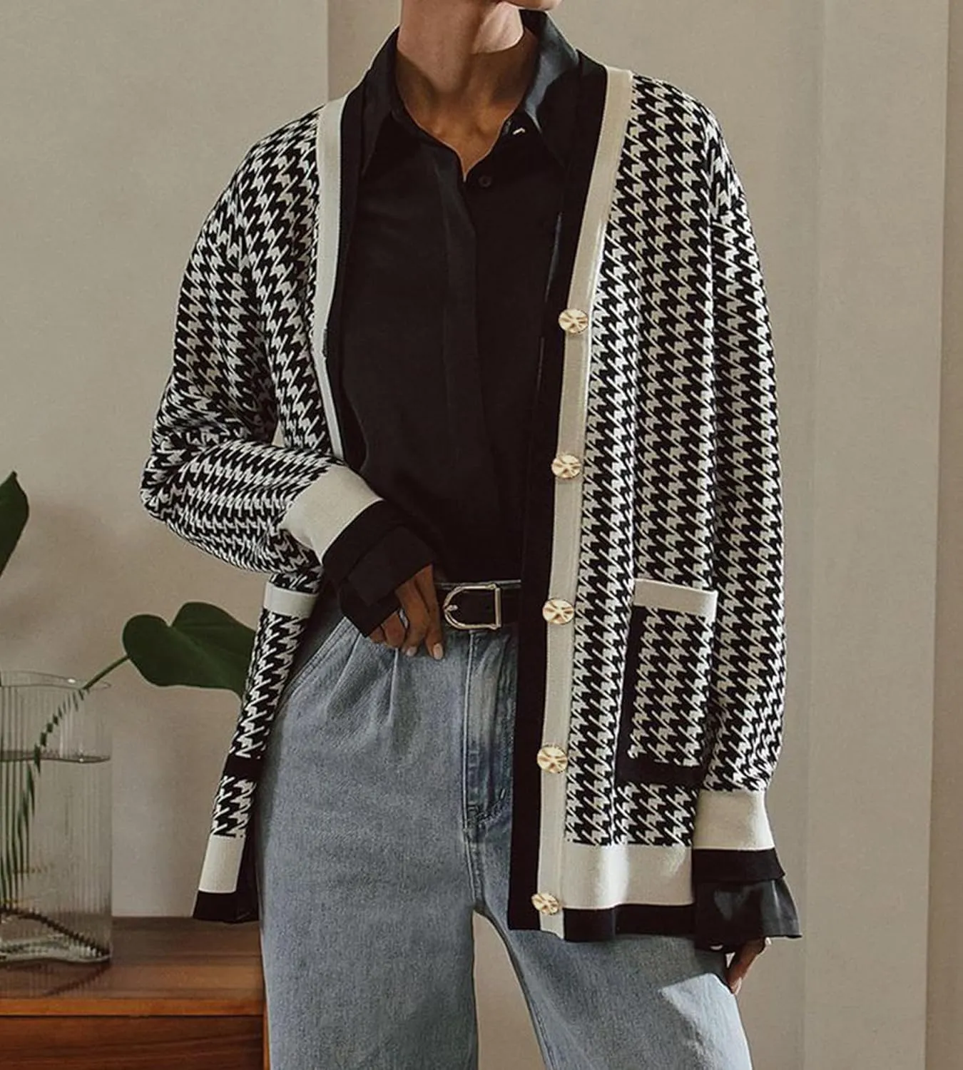 Cardigan for Women Long Sleeve Loose Open Front Button V Neck 2025 Fall Houndstooth Knit Sweaters Dress for Women