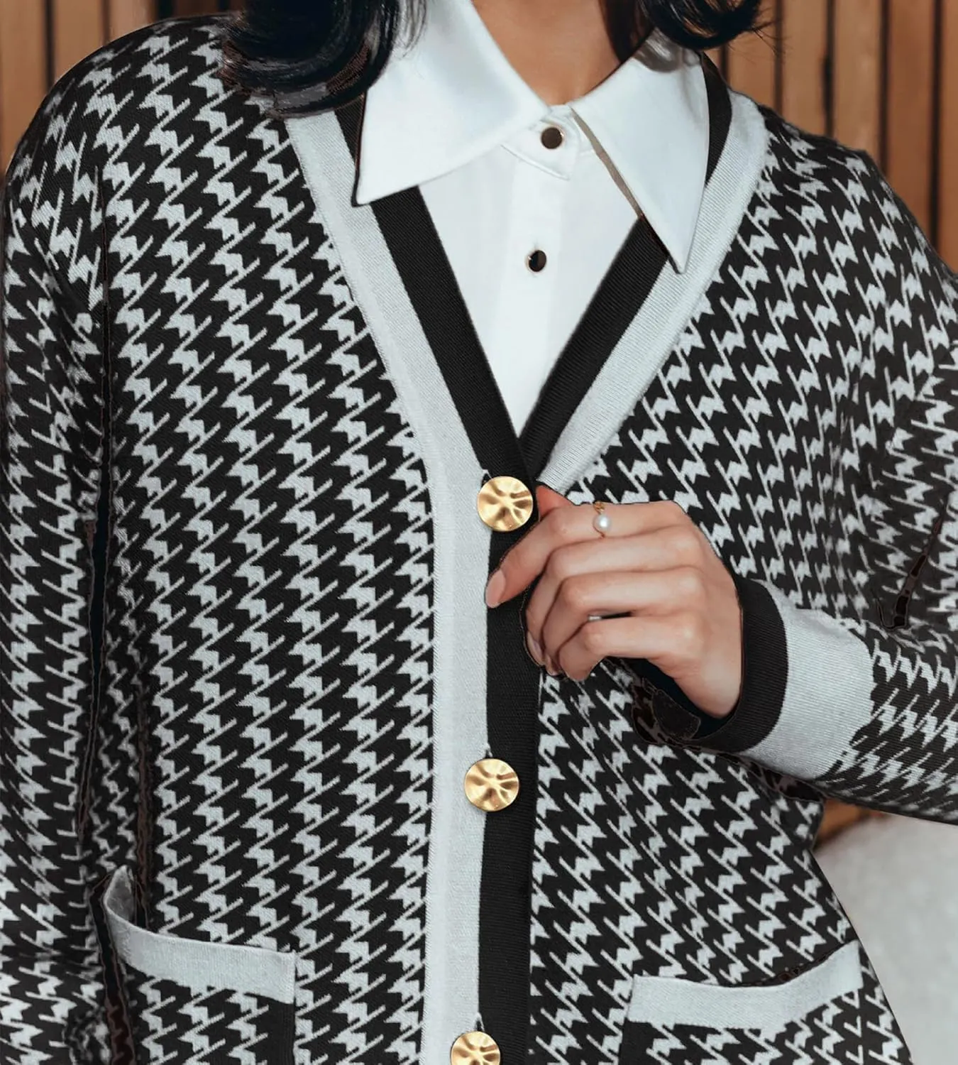 Cardigan for Women Long Sleeve Loose Open Front Button V Neck 2025 Fall Houndstooth Knit Sweaters Dress for Women