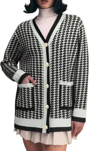 Cardigan for Women Long Sleeve Loose Open Front Button V Neck 2025 Fall Houndstooth Knit Sweaters Dress for Women