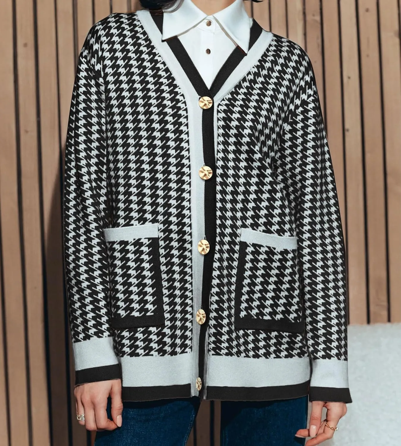 Cardigan for Women Long Sleeve Loose Open Front Button V Neck 2025 Fall Houndstooth Knit Sweaters Dress for Women