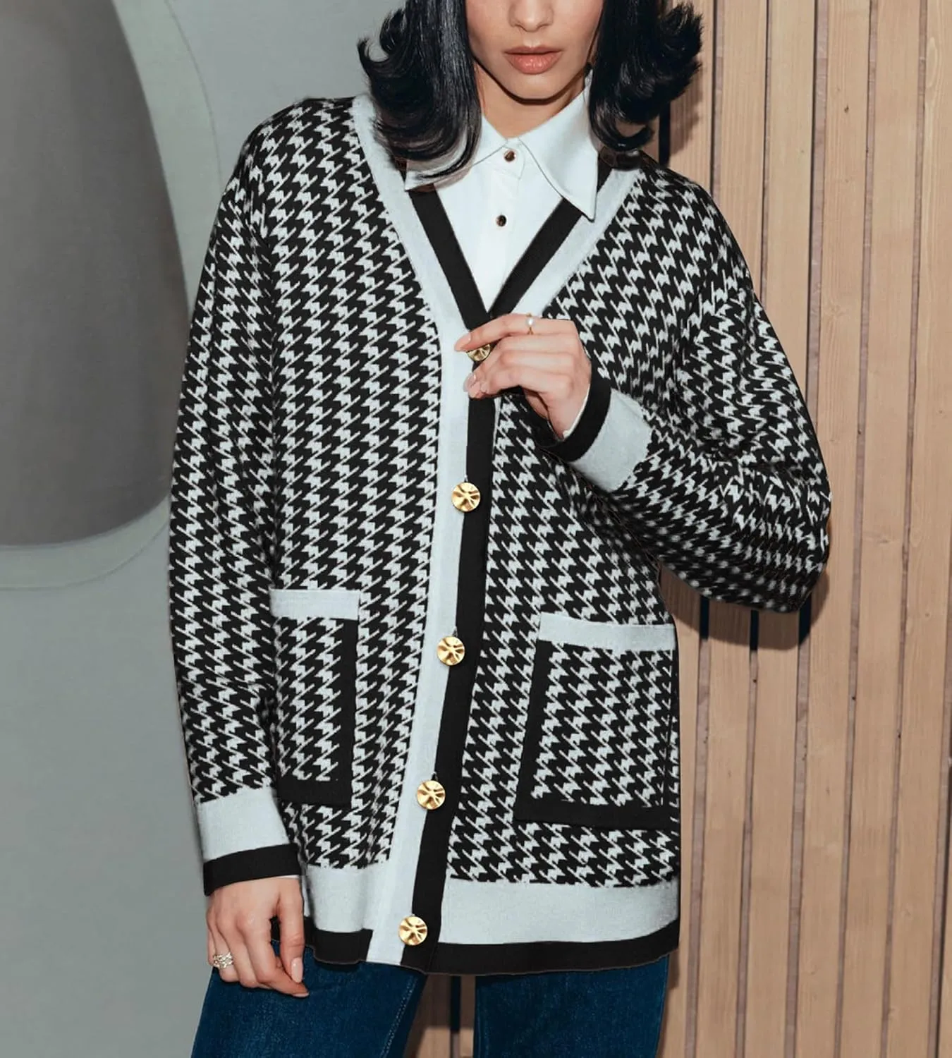 Cardigan for Women Long Sleeve Loose Open Front Button V Neck 2025 Fall Houndstooth Knit Sweaters Dress for Women