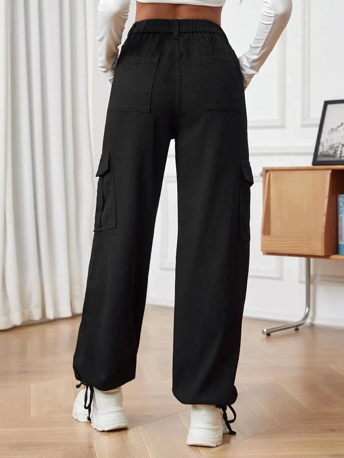 Cargo Pants for Women Stretch High Waisted Pull On Baggy Adjustable Y2K Cargo Pants Elastic Waist Wide Leg Cargo Trousers