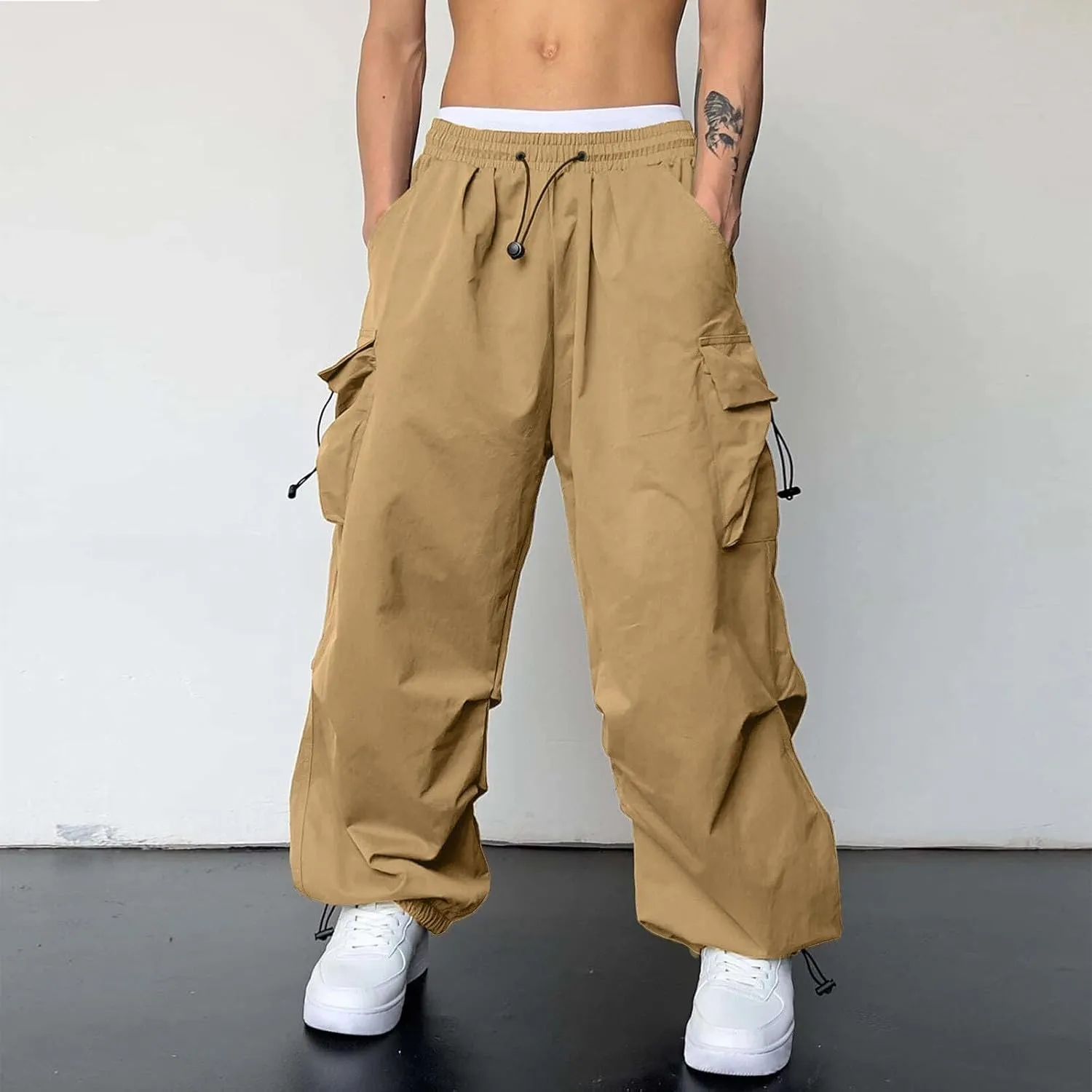 Cargo Pants Men Lightweight Casual Joggers Drawstring Elastic Waist Combat Pant with Pockets