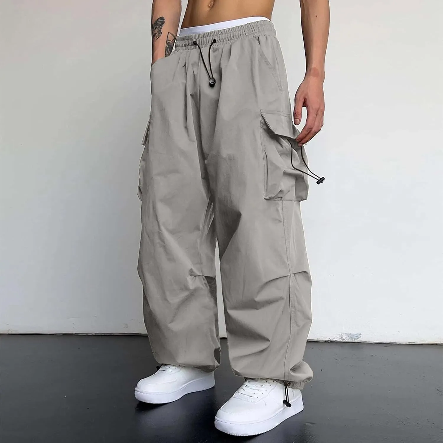 Cargo Pants Men Lightweight Casual Joggers Drawstring Elastic Waist Combat Pant with Pockets