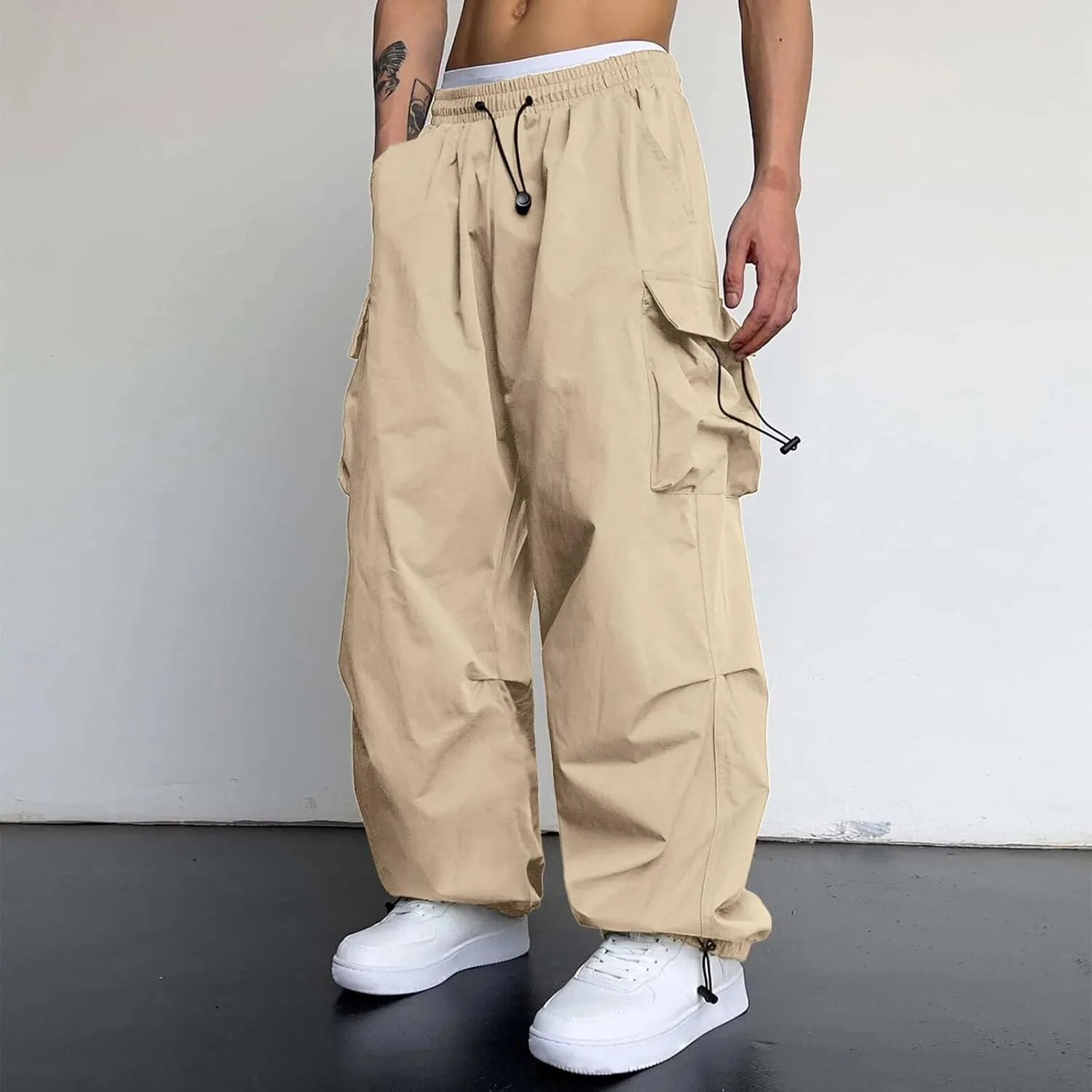 Cargo Pants Men Lightweight Casual Joggers Drawstring Elastic Waist Combat Pant with Pockets