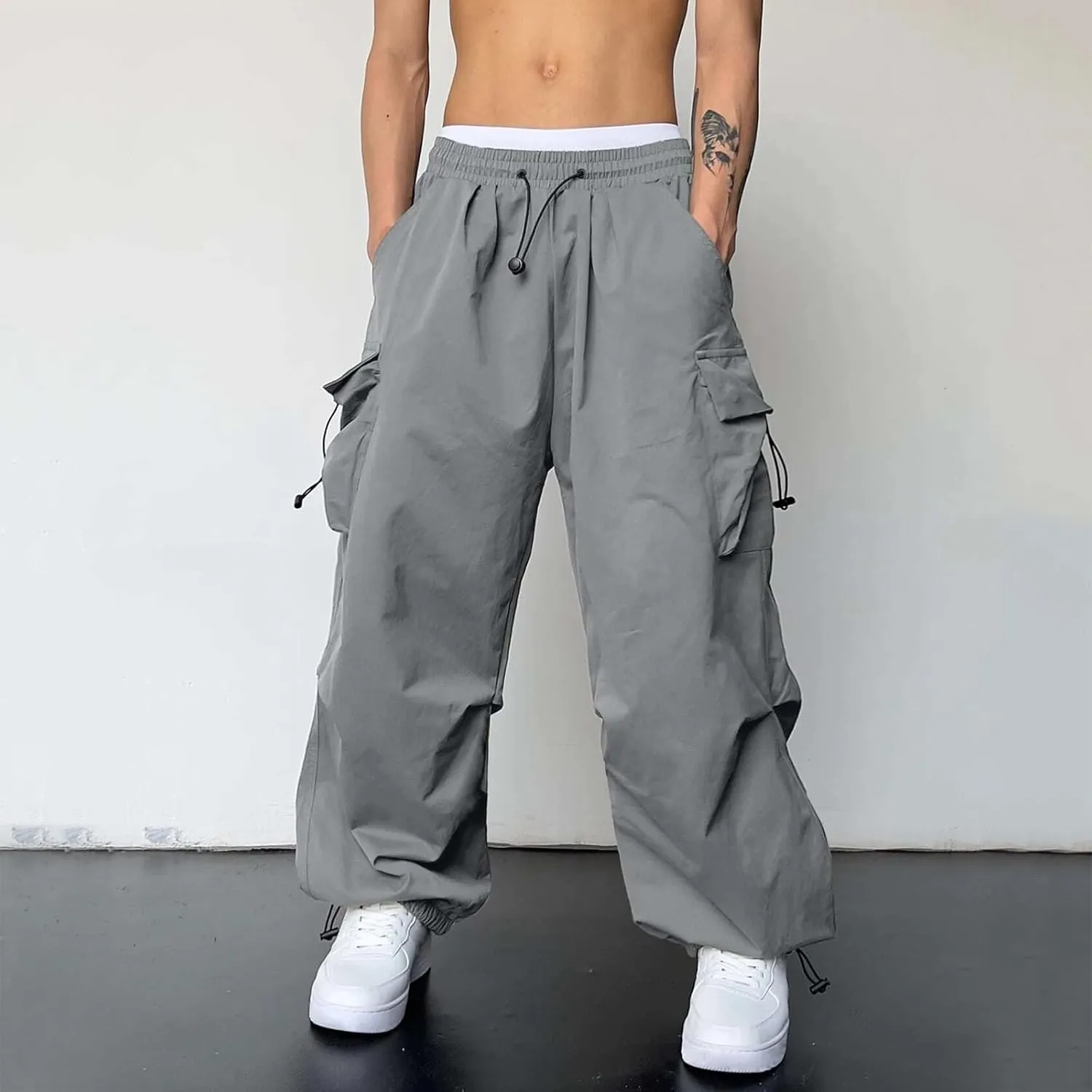 Cargo Pants Men Lightweight Casual Joggers Drawstring Elastic Waist Combat Pant with Pockets