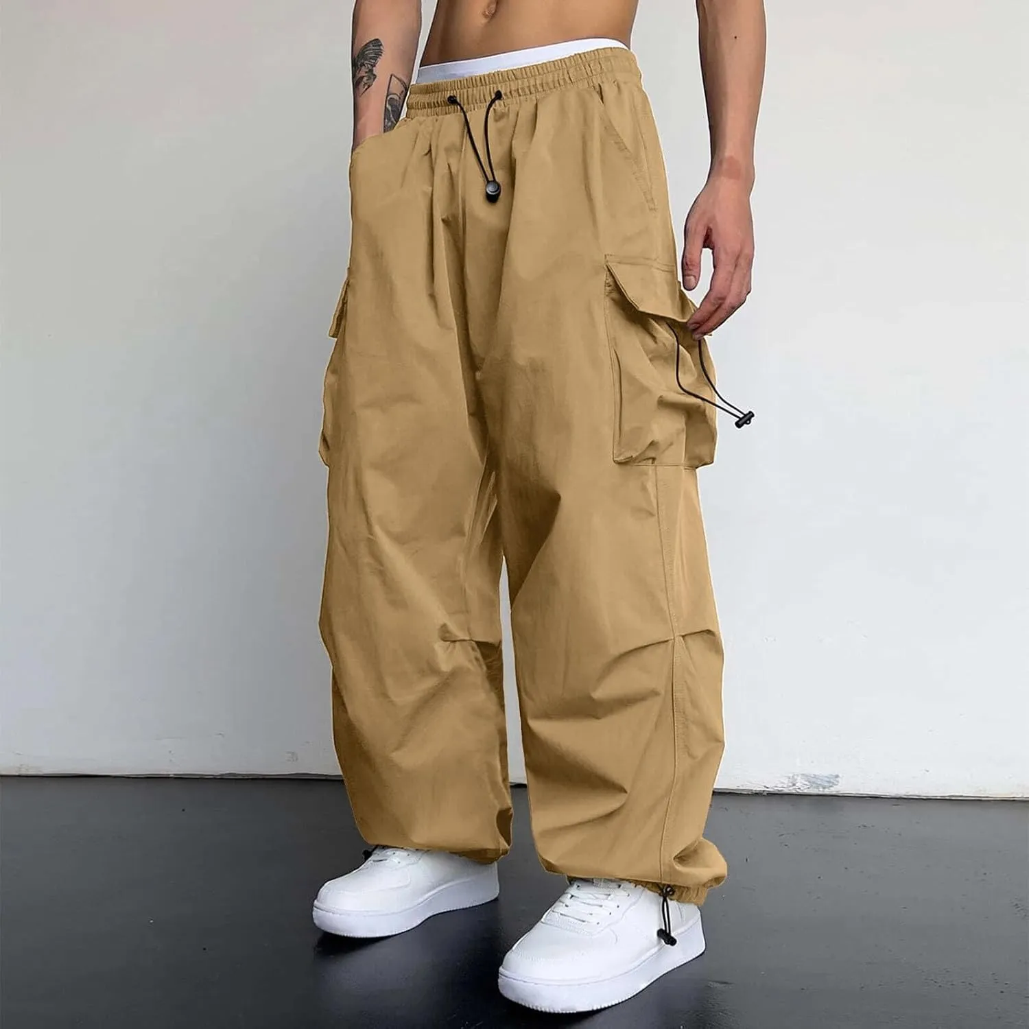 Cargo Pants Men Lightweight Casual Joggers Drawstring Elastic Waist Combat Pant with Pockets