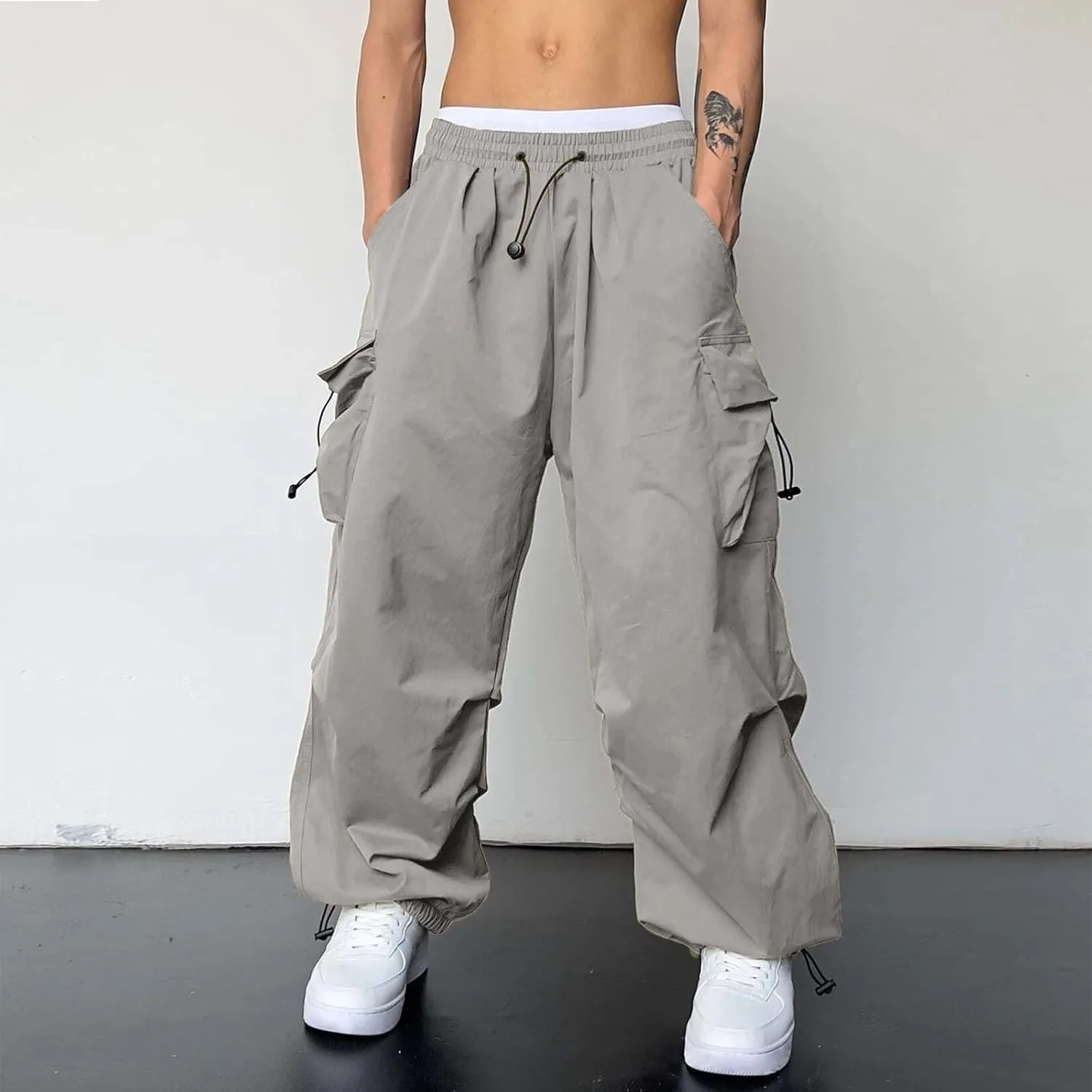 Cargo Pants Men Lightweight Casual Joggers Drawstring Elastic Waist Combat Pant with Pockets