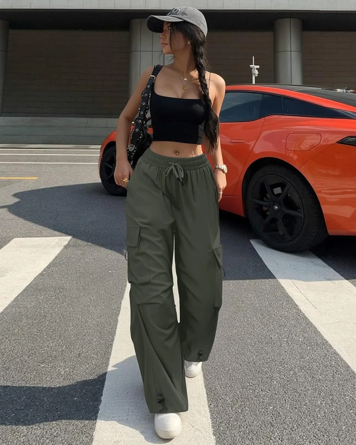 Cargo Pants Women Baggy High Waisted Parachute Pants with Pockets Wide Leg Y2K Casual Pants for Women
