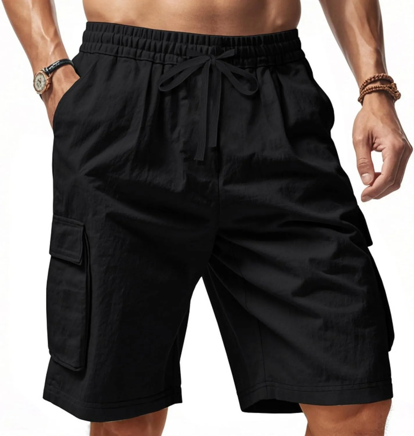 Cargo Shorts for Men Stretch Waist Drawstring Slim Fishing Hiking Long Chino Shorts Lounge Work Pants Multi Pockets