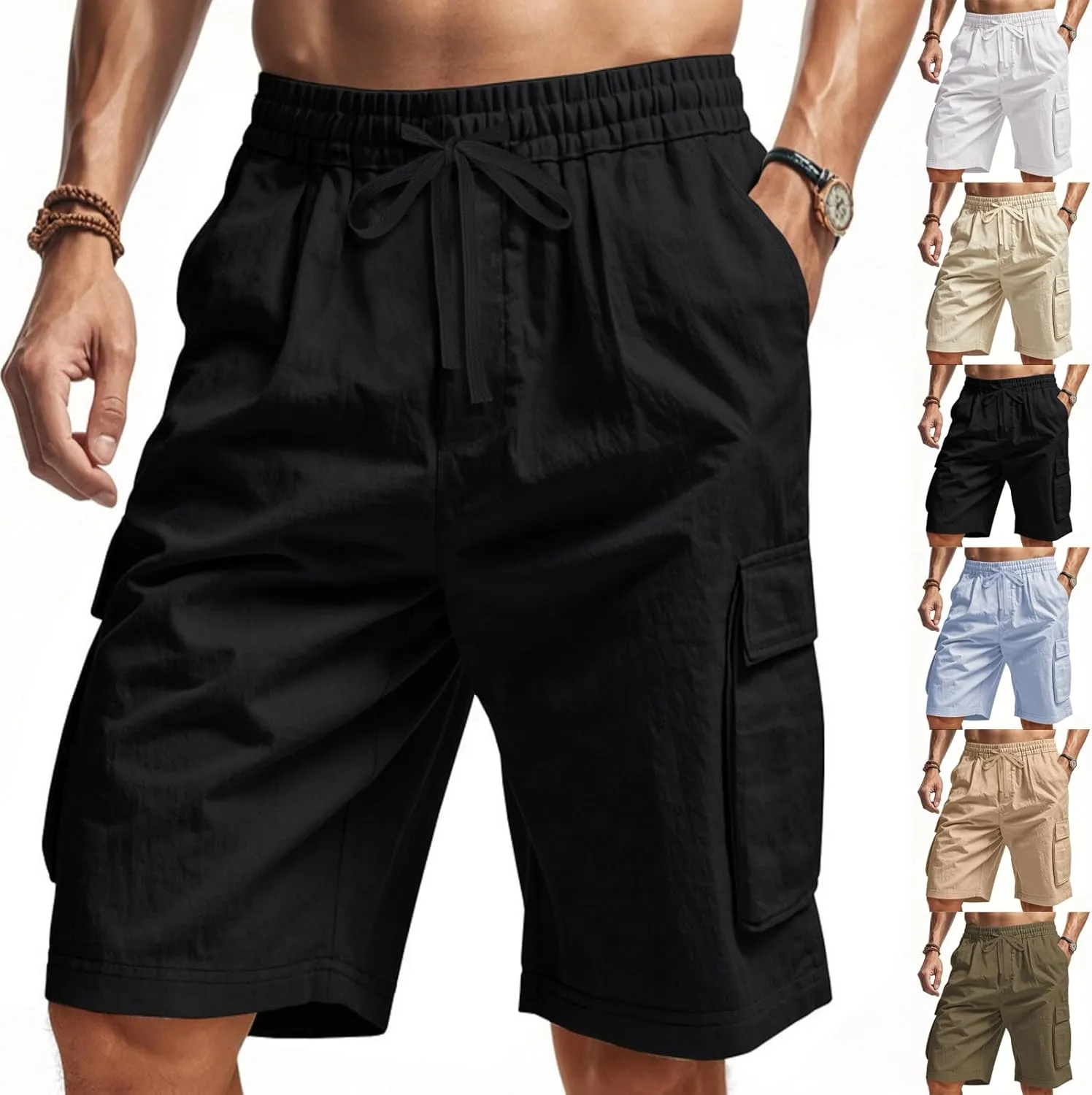 Cargo Shorts for Men Stretch Waist Drawstring Slim Fishing Hiking Long Chino Shorts Lounge Work Pants Multi Pockets
