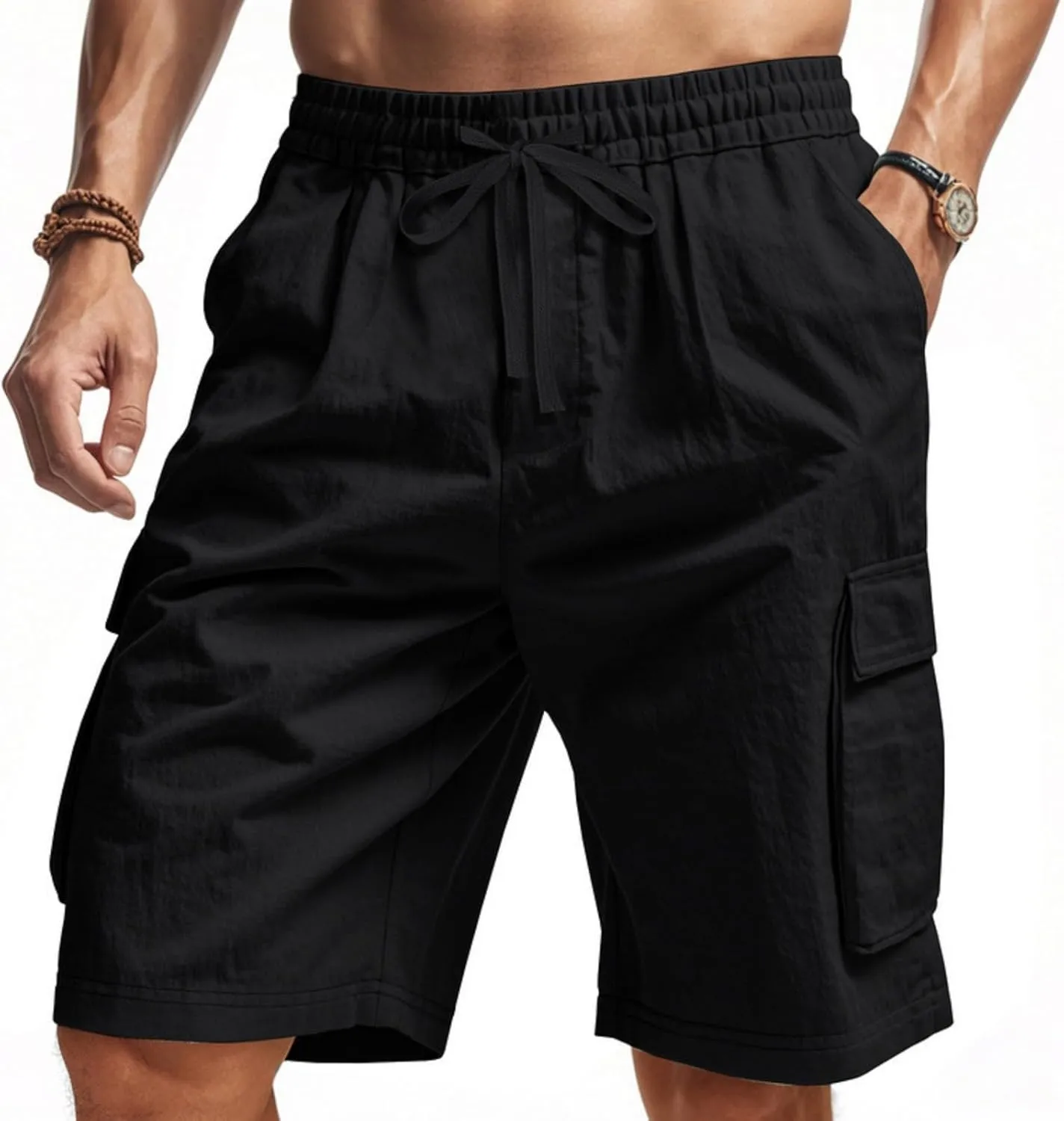 Cargo Shorts for Men Stretch Waist Drawstring Slim Fishing Hiking Long Chino Shorts Lounge Work Pants Multi Pockets