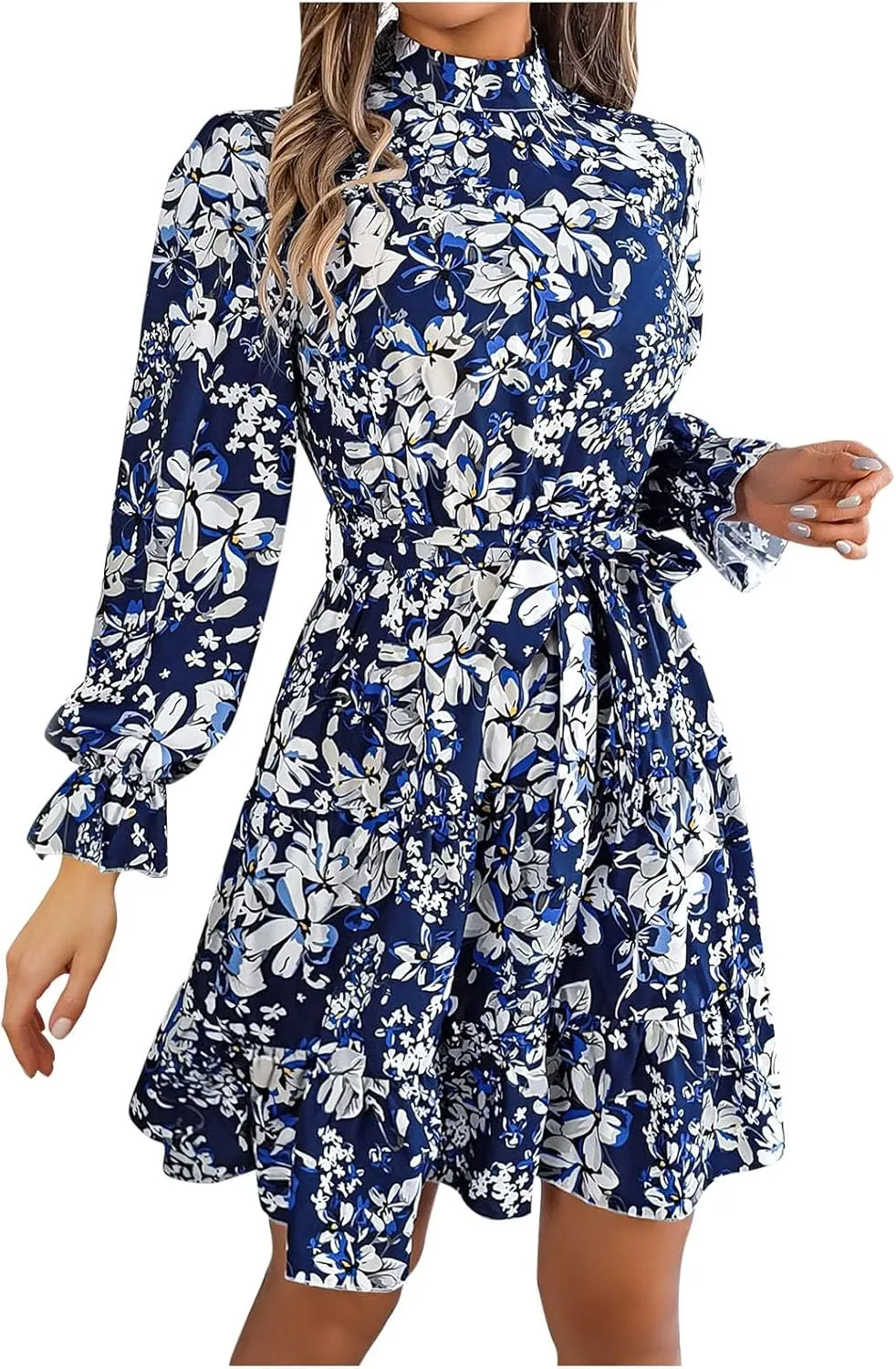 Casual Dresses for Women Ruffle Long Sleeve Dress for Women Crew Neck Boho Swing Flowy Pleated Mini Dress