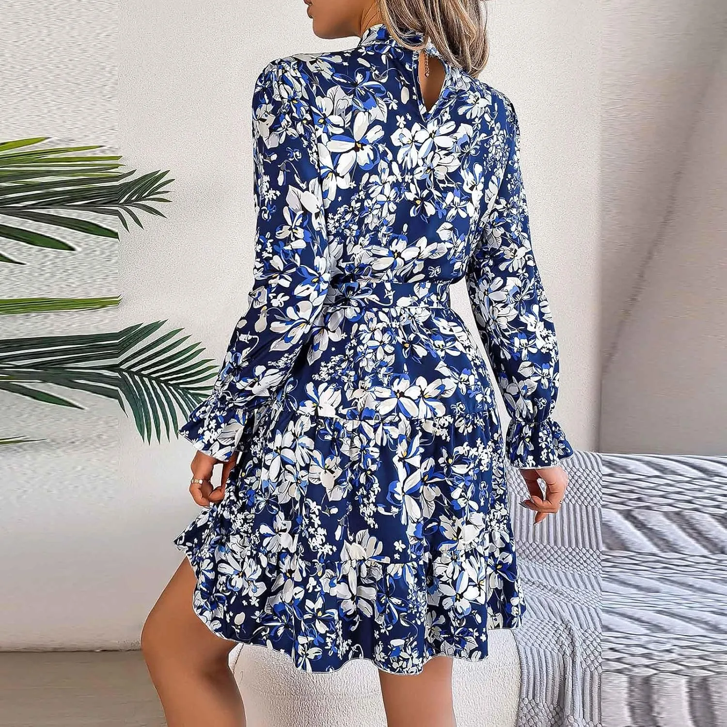 Casual Dresses for Women Ruffle Long Sleeve Dress for Women Crew Neck Boho Swing Flowy Pleated Mini Dress