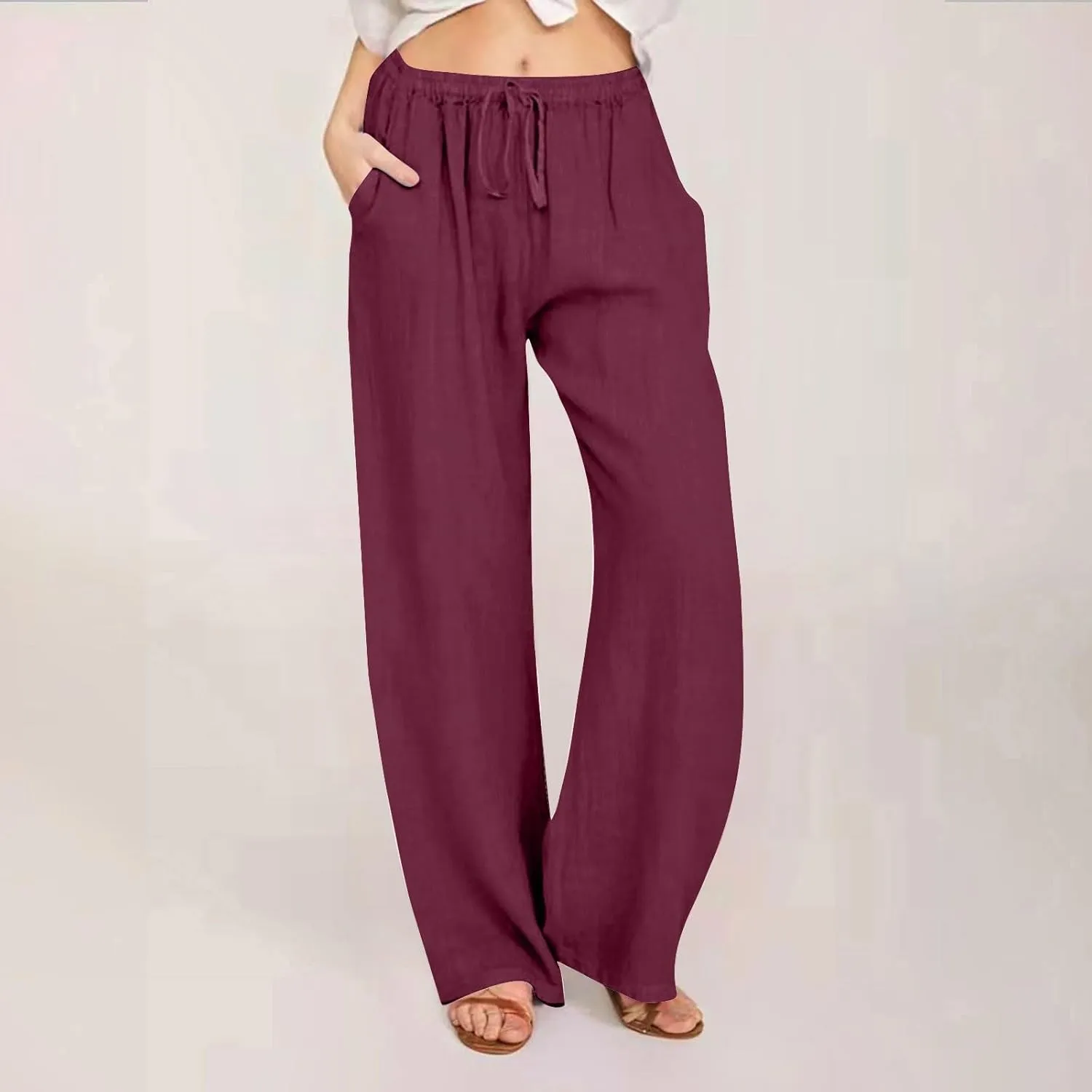 Casual Pants for Women 2025 Summer Cotton Linen Wide Leg Boho High Elastic Waist Lounge Long Trousers with Pockets
