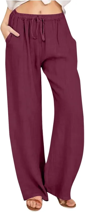 Casual Pants for Women 2025 Summer Cotton Linen Wide Leg Boho High Elastic Waist Lounge Long Trousers with Pockets