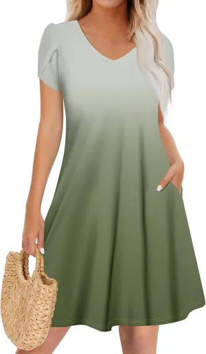 Casual Solid Color V Neck Ruffle Short Sleeve Dress Sundresses Plus Size Beach Vacation Clothes for Women Fashion