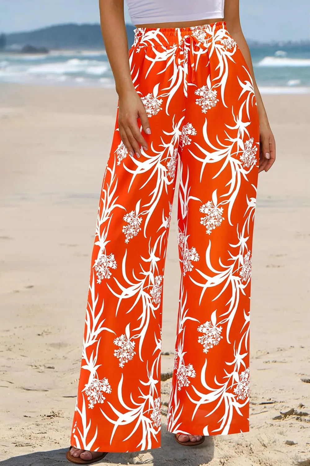 CFLONGE Wide Leg Pants for Women 2025 Casual High Waist Floral Palazzo Pant Flowy Trendy Beach Boho Trousers with Pockets
