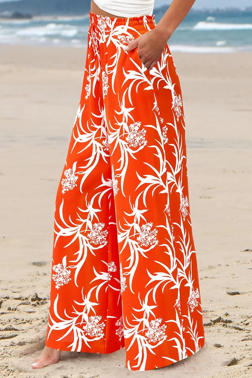 CFLONGE Wide Leg Pants for Women 2025 Casual High Waist Floral Palazzo Pant Flowy Trendy Beach Boho Trousers with Pockets