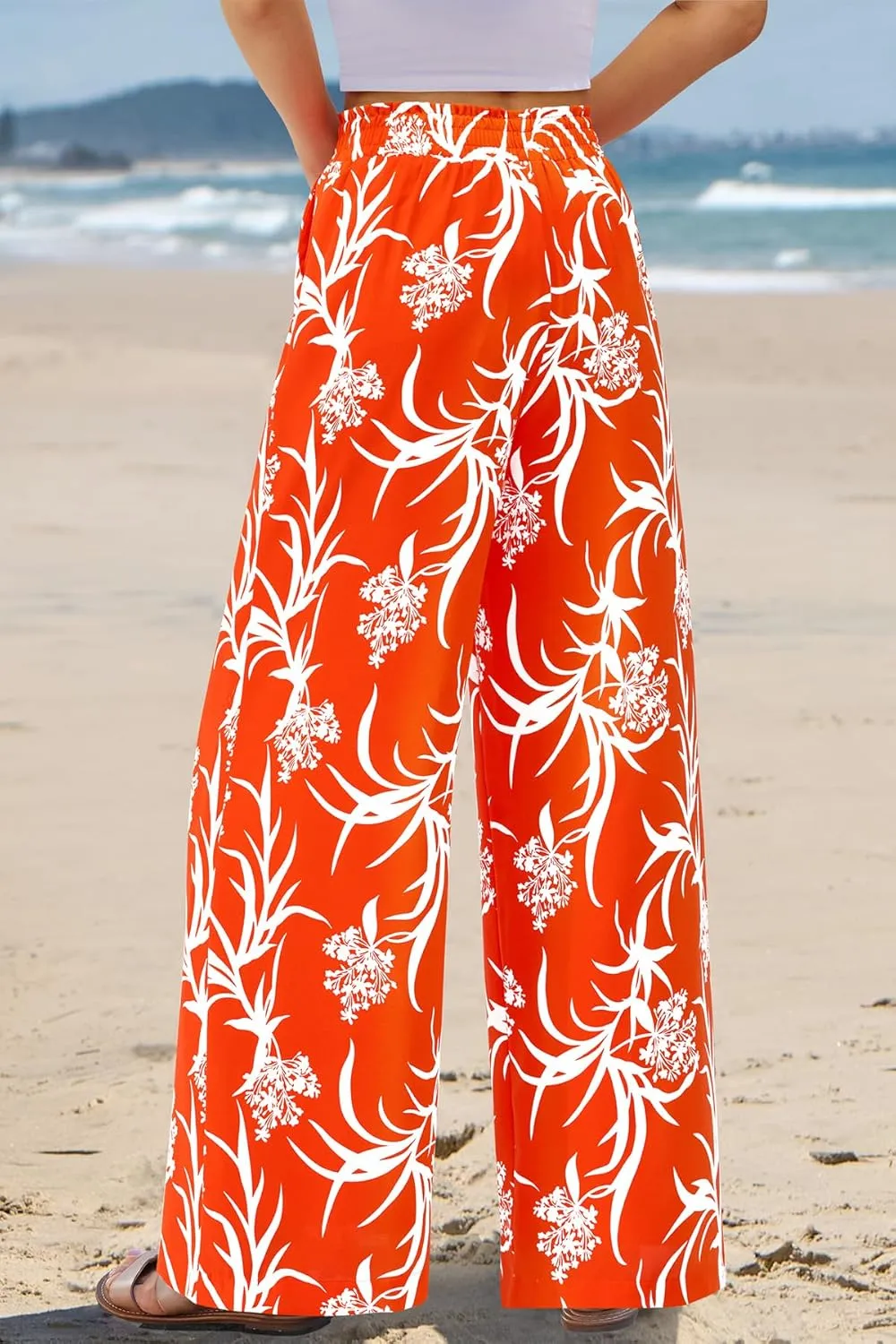 CFLONGE Wide Leg Pants for Women 2025 Casual High Waist Floral Palazzo Pant Flowy Trendy Beach Boho Trousers with Pockets