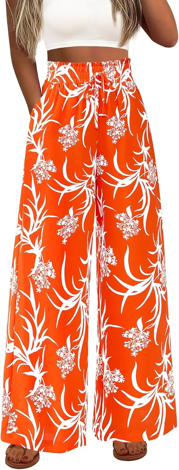 CFLONGE Wide Leg Pants for Women 2025 Casual High Waist Floral Palazzo Pant Flowy Trendy Beach Boho Trousers with Pockets