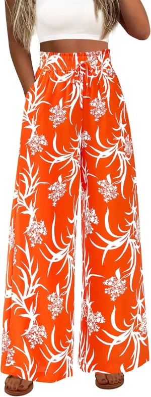 CFLONGE Wide Leg Pants for Women 2025 Casual High Waist Floral Palazzo Pant Flowy Trendy Beach Boho Trousers with Pockets