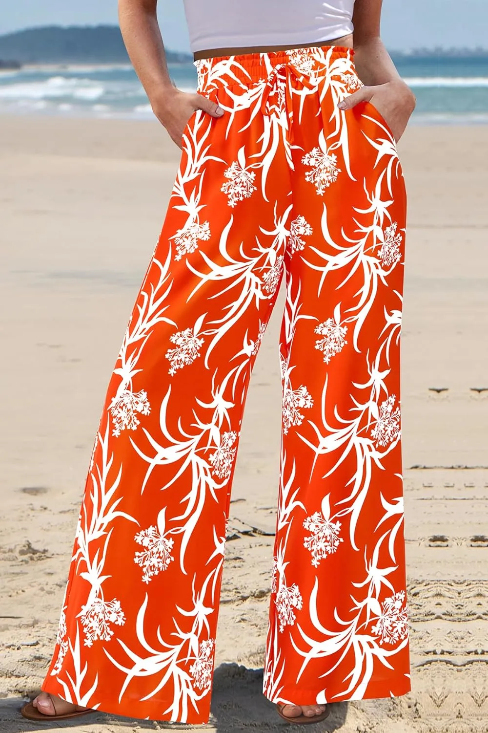 CFLONGE Wide Leg Pants for Women 2025 Casual High Waist Floral Palazzo Pant Flowy Trendy Beach Boho Trousers with Pockets