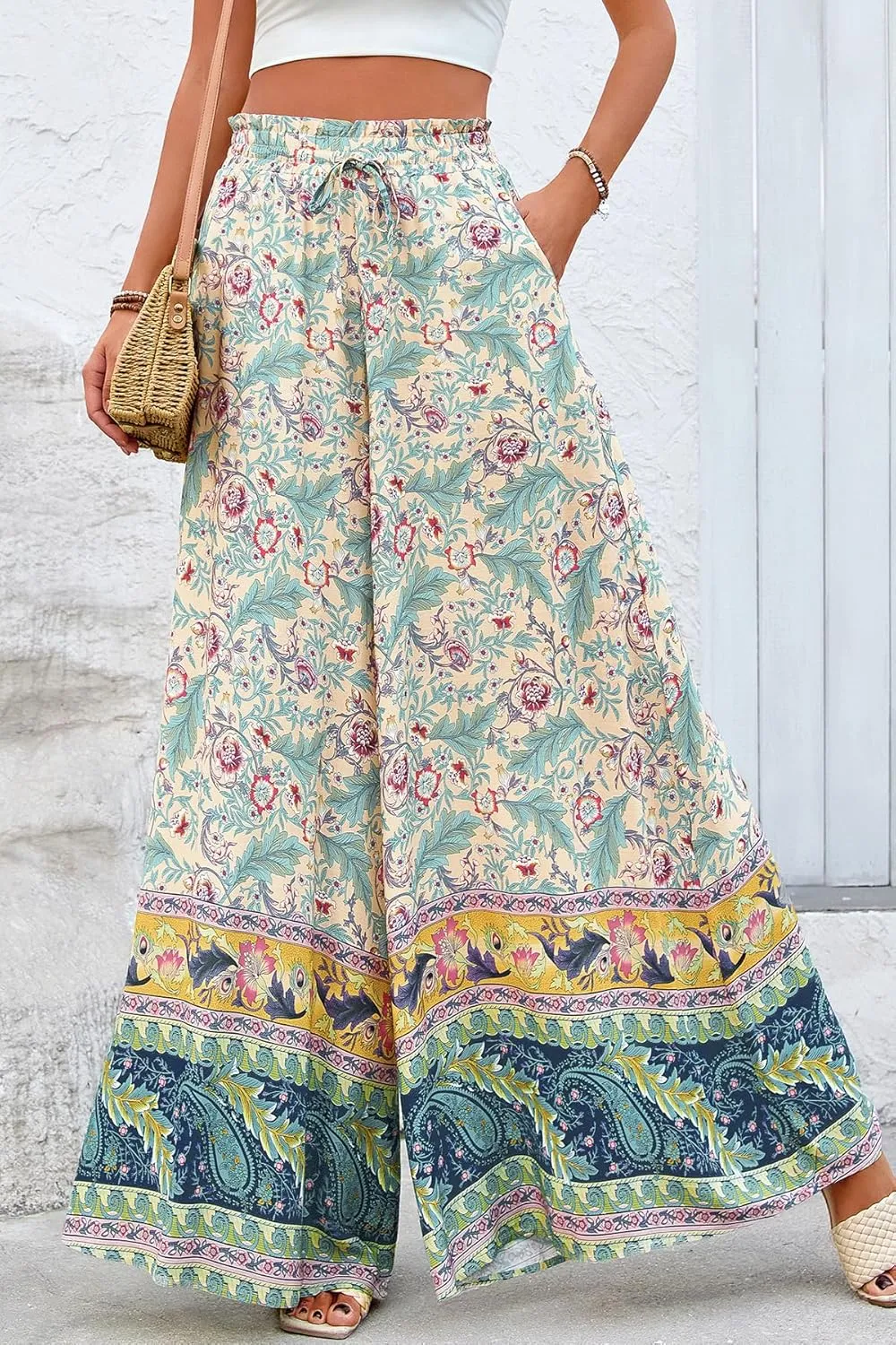 CFLONGE Women Wide Leg Pants Casual High Waist Floral Palazzo Pants for Women Flowy Trendy Lounge Boho Beach Trousers Pockets