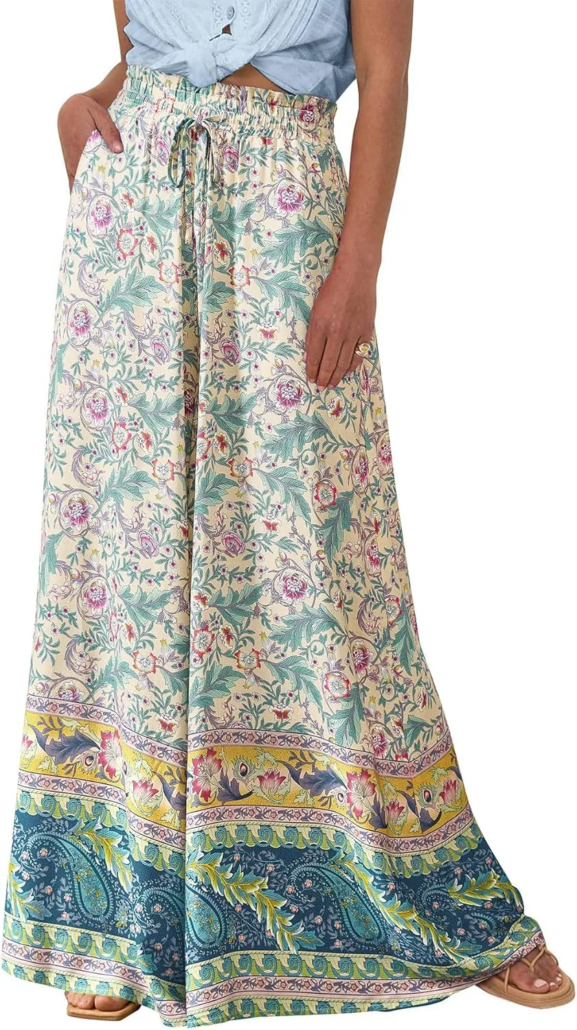 CFLONGE Women Wide Leg Pants Casual High Waist Floral Palazzo Pants for Women Flowy Trendy Lounge Boho Beach Trousers Pockets