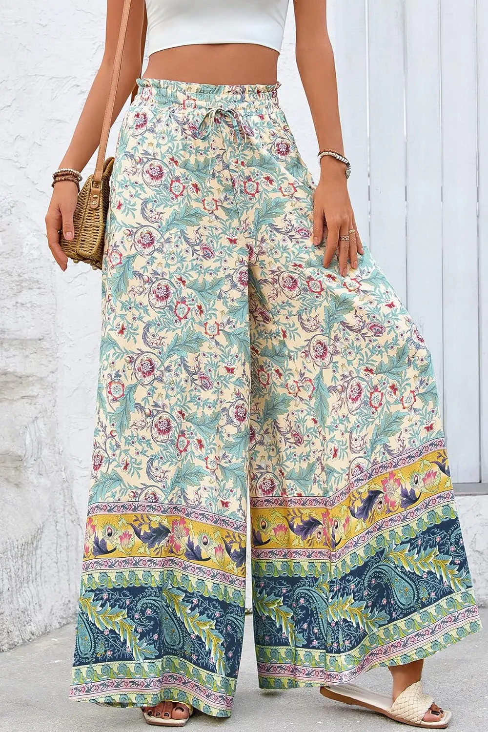 CFLONGE Women Wide Leg Pants Casual High Waist Floral Palazzo Pants for Women Flowy Trendy Lounge Boho Beach Trousers Pockets