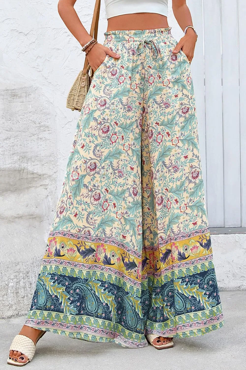 CFLONGE Women Wide Leg Pants Casual High Waist Floral Palazzo Pants for Women Flowy Trendy Lounge Boho Beach Trousers Pockets