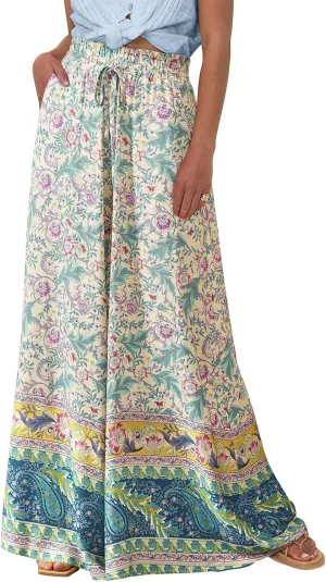 CFLONGE Women Wide Leg Pants Casual High Waist Floral Palazzo Pants for Women Flowy Trendy Lounge Boho Beach Trousers Pockets