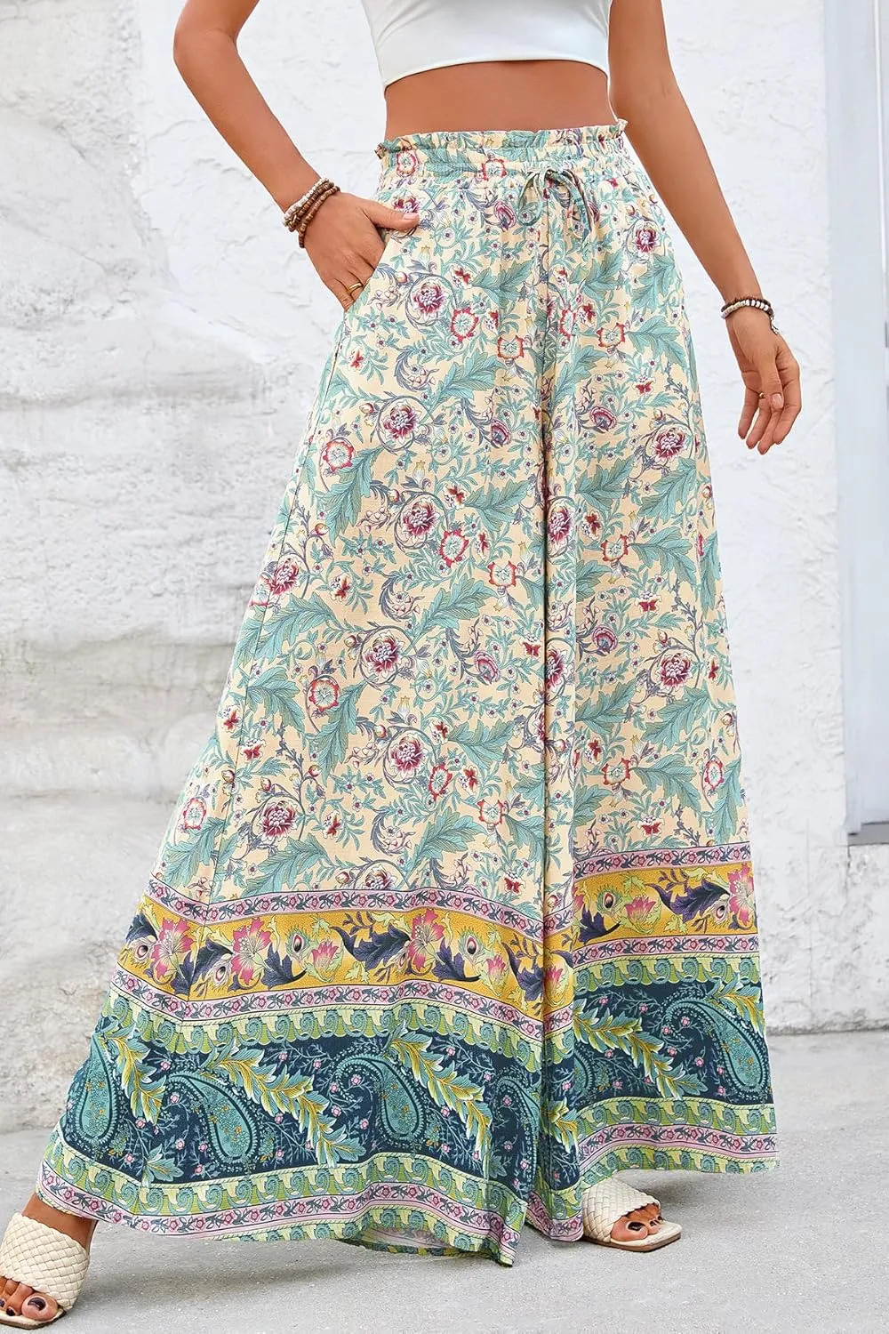 CFLONGE Women Wide Leg Pants Casual High Waist Floral Palazzo Pants for Women Flowy Trendy Lounge Boho Beach Trousers Pockets
