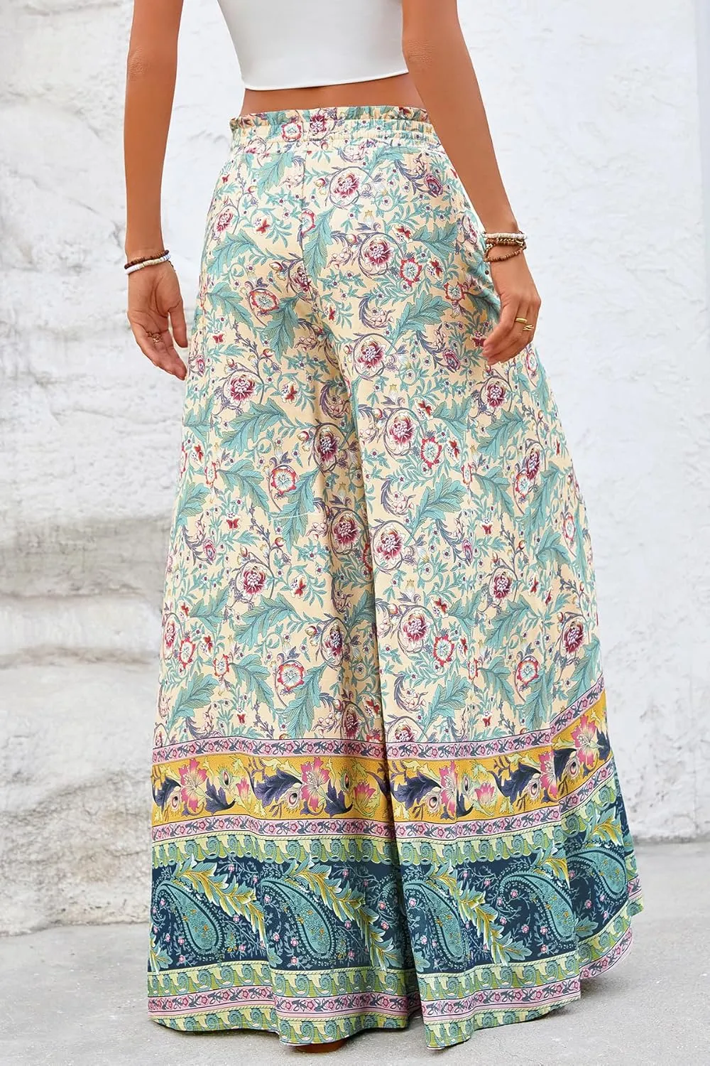 CFLONGE Women Wide Leg Pants Casual High Waist Floral Palazzo Pants for Women Flowy Trendy Lounge Boho Beach Trousers Pockets