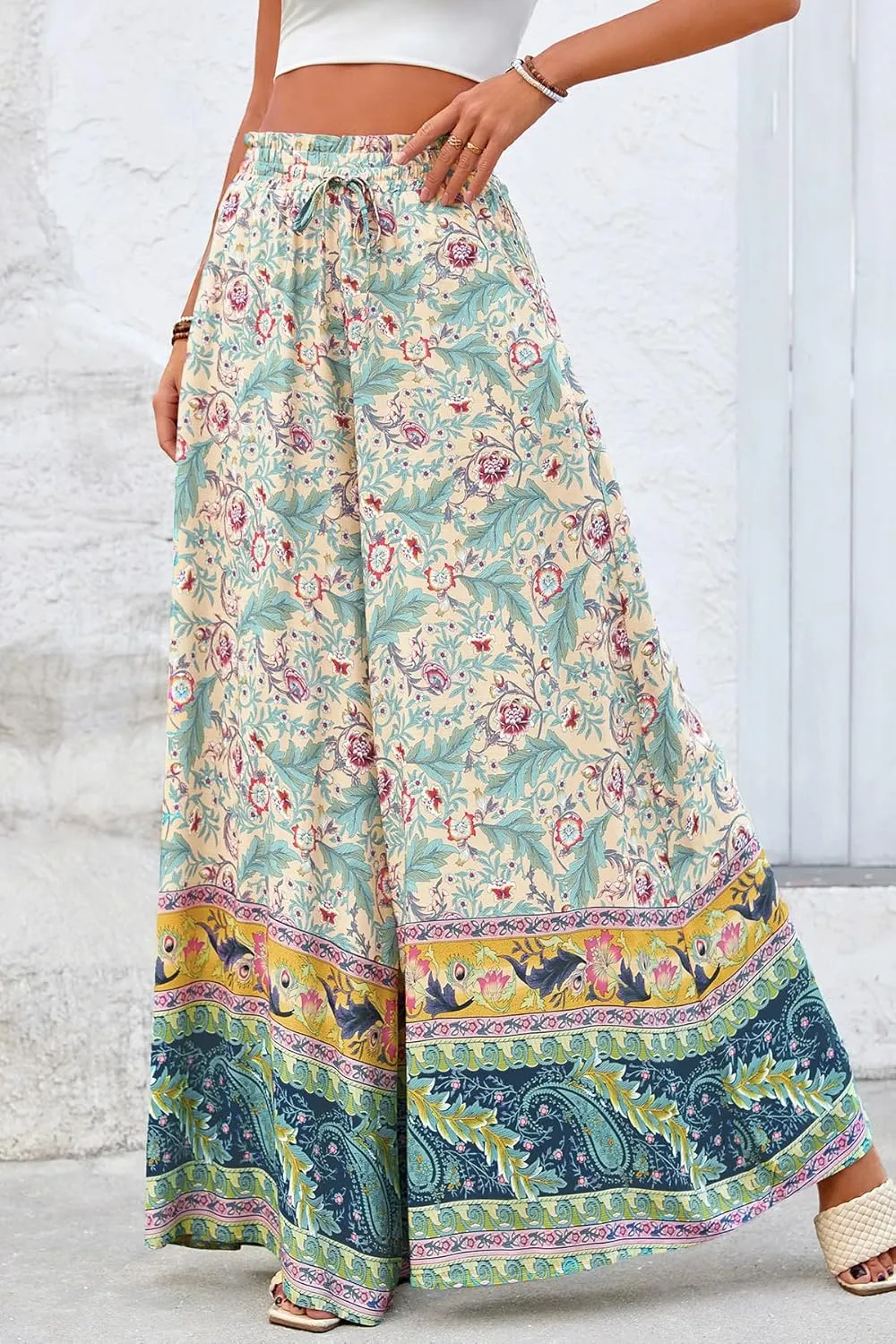 CFLONGE Women Wide Leg Pants Casual High Waist Floral Palazzo Pants for Women Flowy Trendy Lounge Boho Beach Trousers Pockets