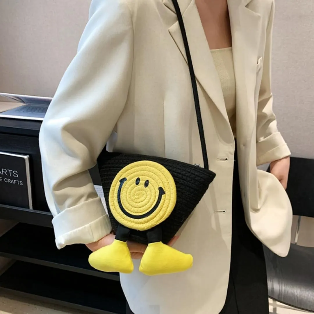 Charming Cartoon Weaved Beach Bag for Women - Straw Bucket Purse with Smile Design, Versatile Crossbody & Handbag