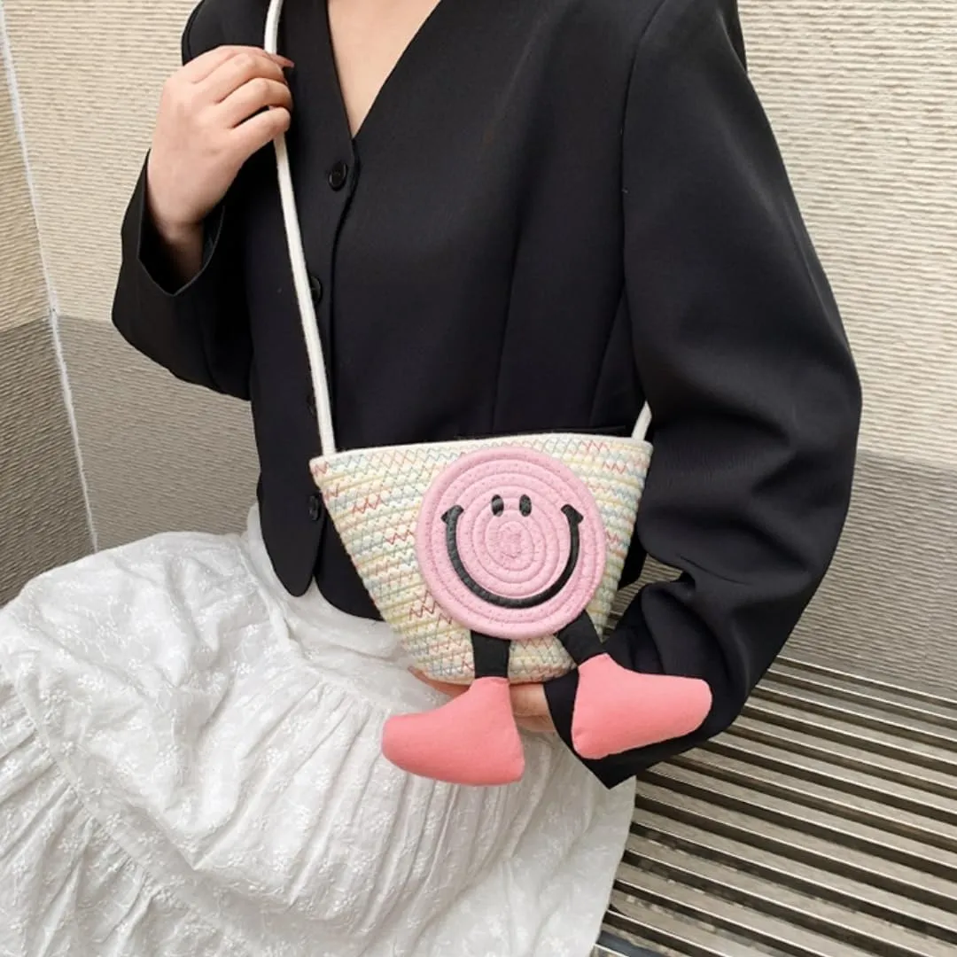 Charming Cartoon Weaved Beach Bag for Women - Straw Bucket Purse with Smile Design, Versatile Crossbody & Handbag