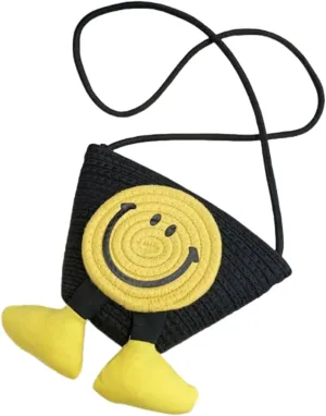 Charming Cartoon Weaved Beach Bag for Women - Straw Bucket Purse with Smile Design, Versatile Crossbody & Handbag