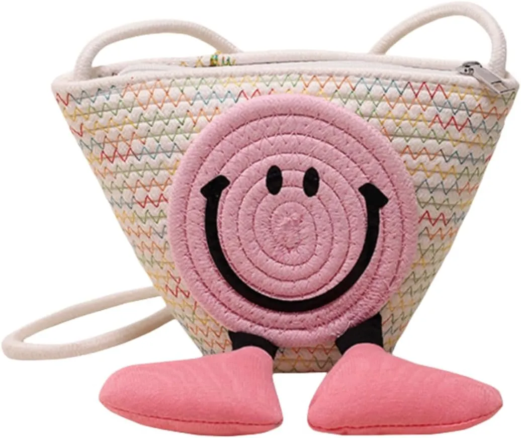 Charming Cartoon Weaved Beach Bag for Women - Straw Bucket Purse with Smile Design, Versatile Crossbody & Handbag