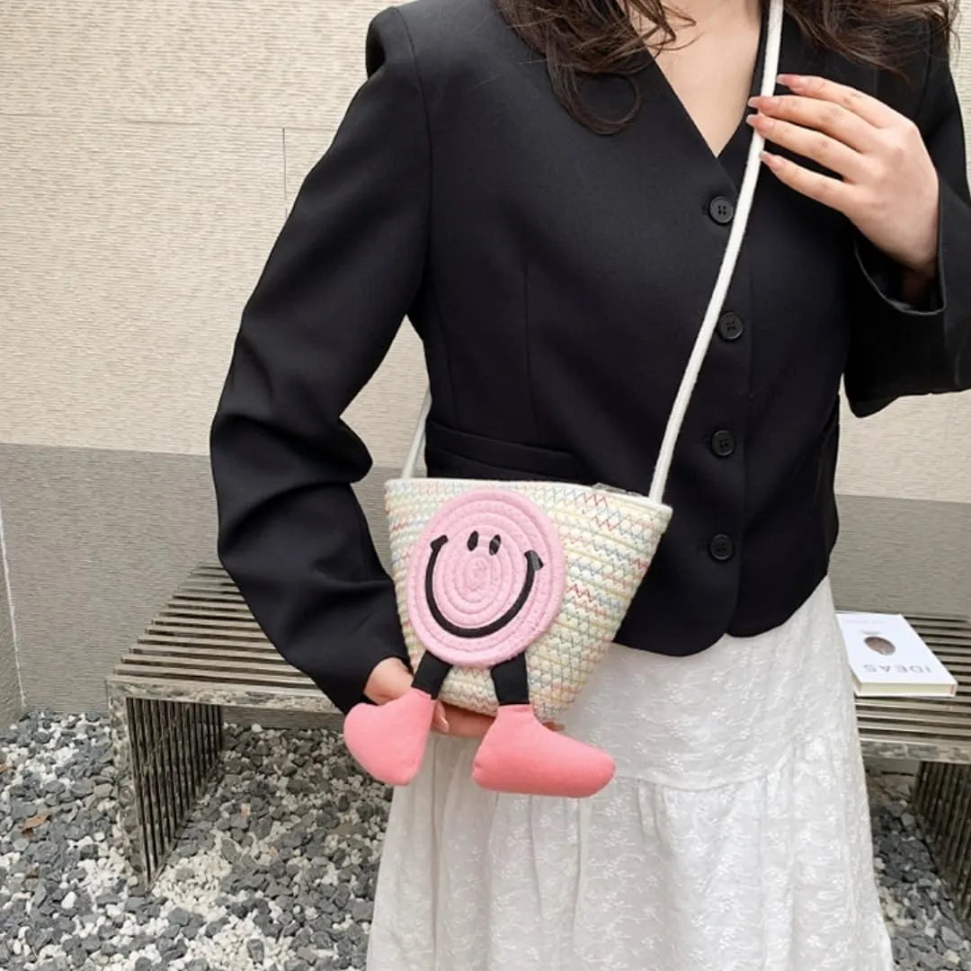 Charming Cartoon Weaved Beach Bag for Women - Straw Bucket Purse with Smile Design, Versatile Crossbody & Handbag